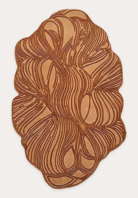 100% Wool Handmade Rust Orange Rug | Contemporary Leaf Oblong Carpet With Cotton Backing For Living Room