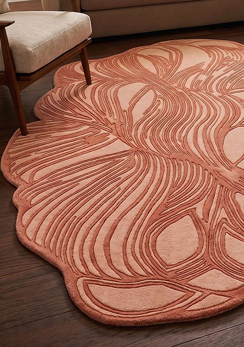 100% Wool Handmade Dusty Rose Rug | Contemporary Leaf Oblong Carpet With Cotton Backing For Living Room - Indya