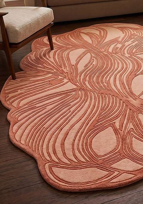 100% Wool Handmade Dusty Rose Rug | Contemporary Leaf Oblong Carpet With Cotton Backing For Living Room