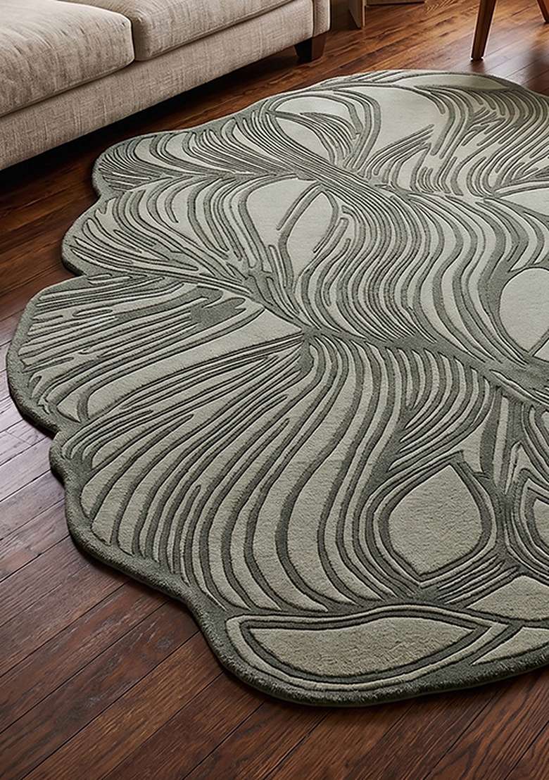 100% Wool Handmade Moss Green Rug | Contemporary Leaf Oblong Carpet With Cotton Backing For Living Room - Indya