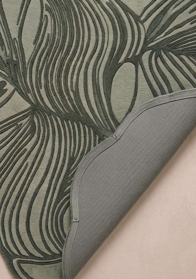 100% Wool Handmade Moss Green Rug | Contemporary Leaf Oblong Carpet With Cotton Backing For Living Room - Indya