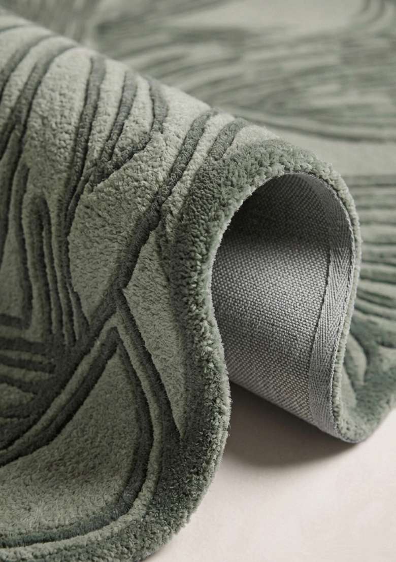 100% Wool Handmade Moss Green Rug | Contemporary Leaf Oblong Carpet With Cotton Backing For Living Room - Indya