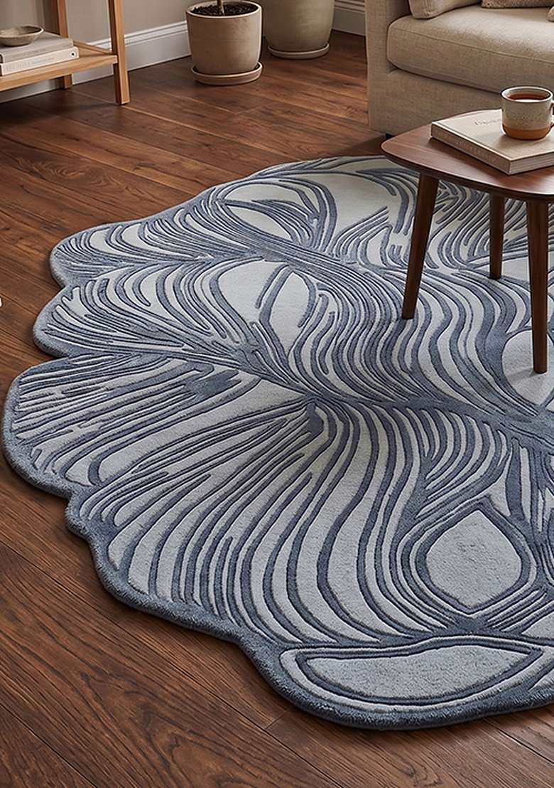 Saffron Rugs Steel Blue Contemporary Leaf Hand Tufted Wool Oblong Rug - Indya