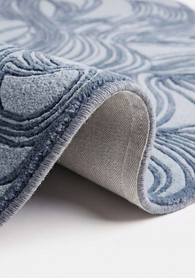 Saffron Rugs Steel Blue Contemporary Leaf Hand Tufted Wool Oblong Rug - Indya