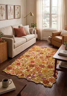 Saffron Rugs Hand Tufted Rust Orange Floral Cottage Scalloped Wool Area Rug