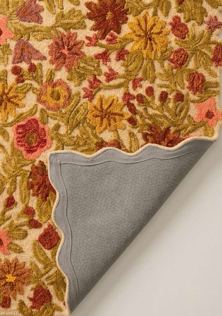 Saffron Rugs Hand-Tufted 100% Wool Area Rug | Rust Orange Scalloped Rug | Cotton Backing | Cottage Floral Home Decor Carpet for Living Room Bedroom - Indya