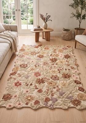 Saffron Rugs Hand Tufted Celery Green Floral Cottage Scalloped Wool Area Rug