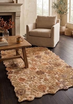 Saffron Rugs Hand Tufted Linen Beige Floral Cottage Scalloped Wool Area Rug