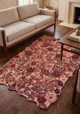Saffron Rugs Hand Tufted Dusty Rose Floral Cottage Scalloped Wool Area Rug