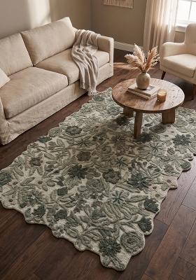 Saffron Rugs Hand Tufted Moss Green Floral Cottage Scalloped Wool Area Rug