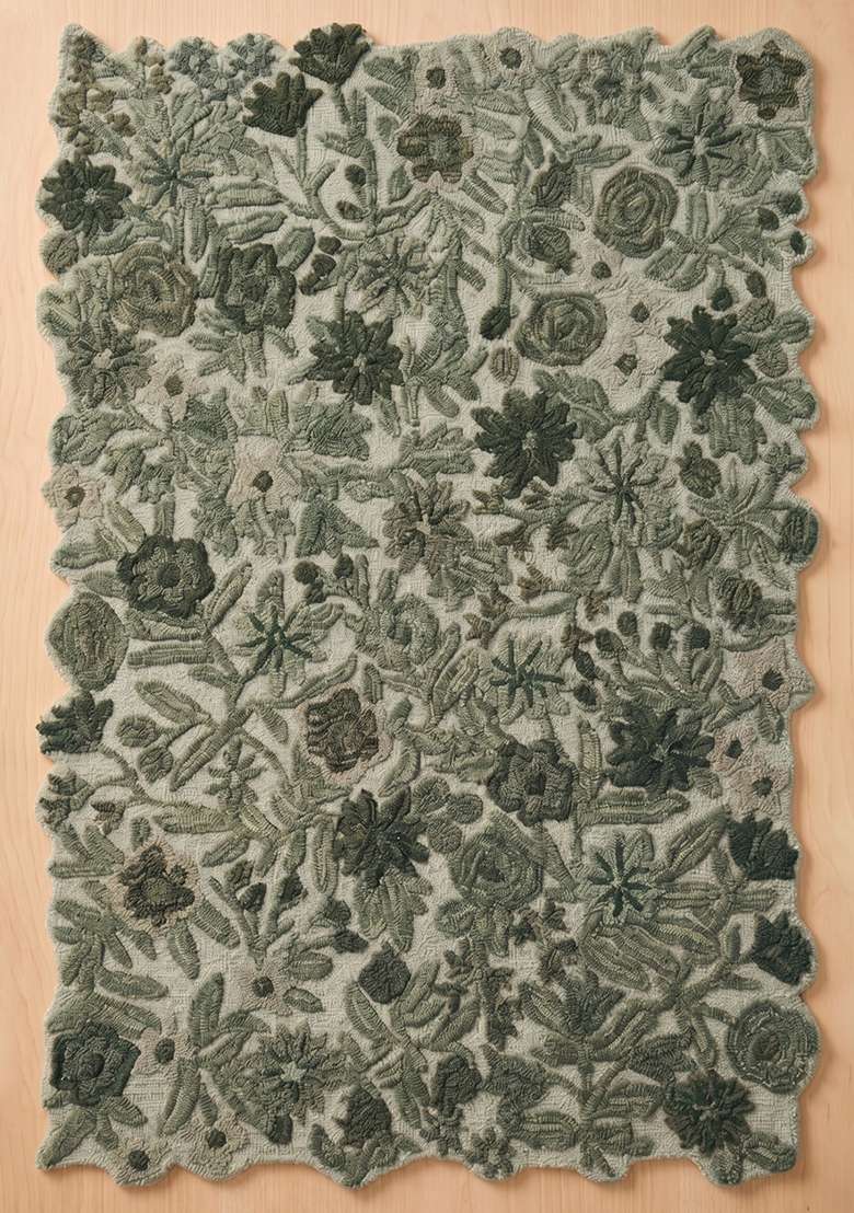 Saffron Rugs Hand-Tufted 100% Wool Area Rug | Moss Green Scalloped Rug | Cotton Backing | Cottage Floral Home Decor Carpet for Living Room Bedroom - Indya