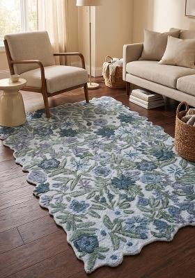 Saffron Rugs Hand Tufted Powder Blue Floral Cottage Scalloped Wool Area Rug