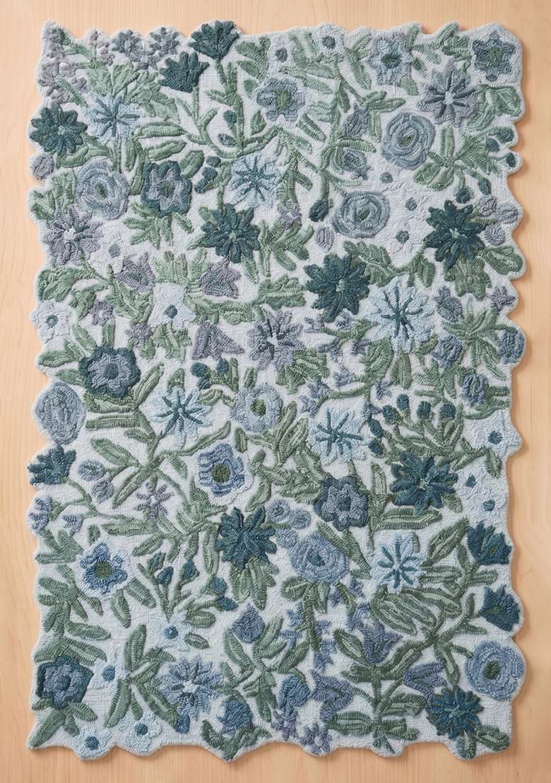 Saffron Rugs Hand-Tufted 100% Wool Area Rug | Powder Blue Scalloped Rug | Cotton Backing | Cottage Floral Home Decor Carpet for Living Room Bedroom - Indya
