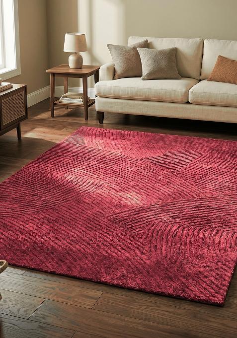 Saffron Rugs Hand Tufted Crimson Red Geometric Contemporary Rectangular Wool Area Rug