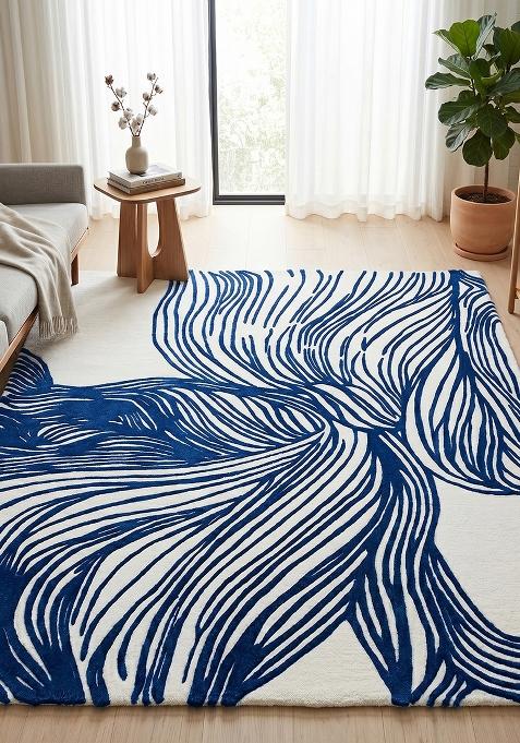 Saffron Rugs Hand Tufted Midnight Blue Swirls Contemporary Square Wool Area Rug