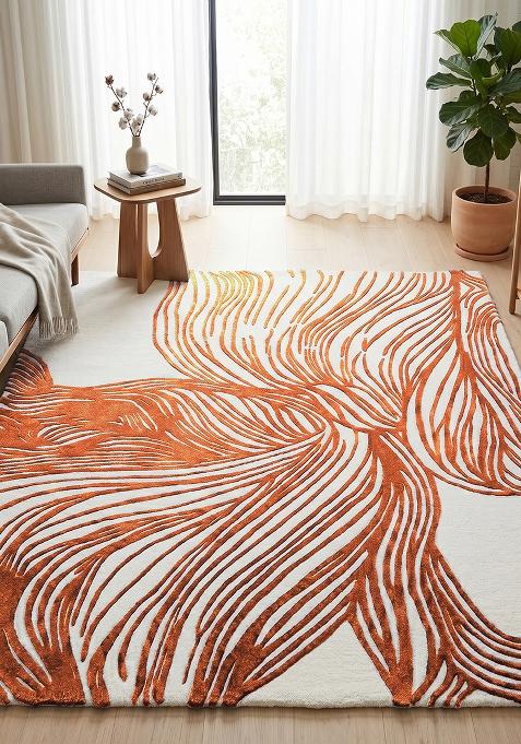 Saffron Rugs Hand Tufted Burnt Orange Swirls Contemporary Square Wool Area Rug