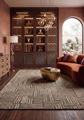 Saffron Rugs Hand Tufted Olive Green Geometric Contemporary Rectangular Wool Area Rug