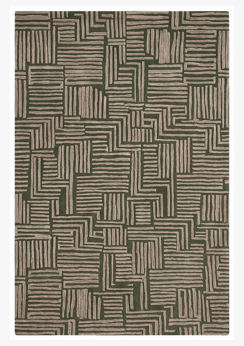 Saffron Rugs Hand Tufted Olive Green Geometric Contemporary Rectangular Wool Area Rug - Indya