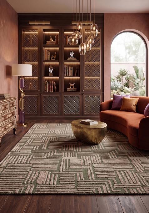 Saffron Rugs Hand Tufted Olive Green Geometric Contemporary Rectangular Wool Area Rug