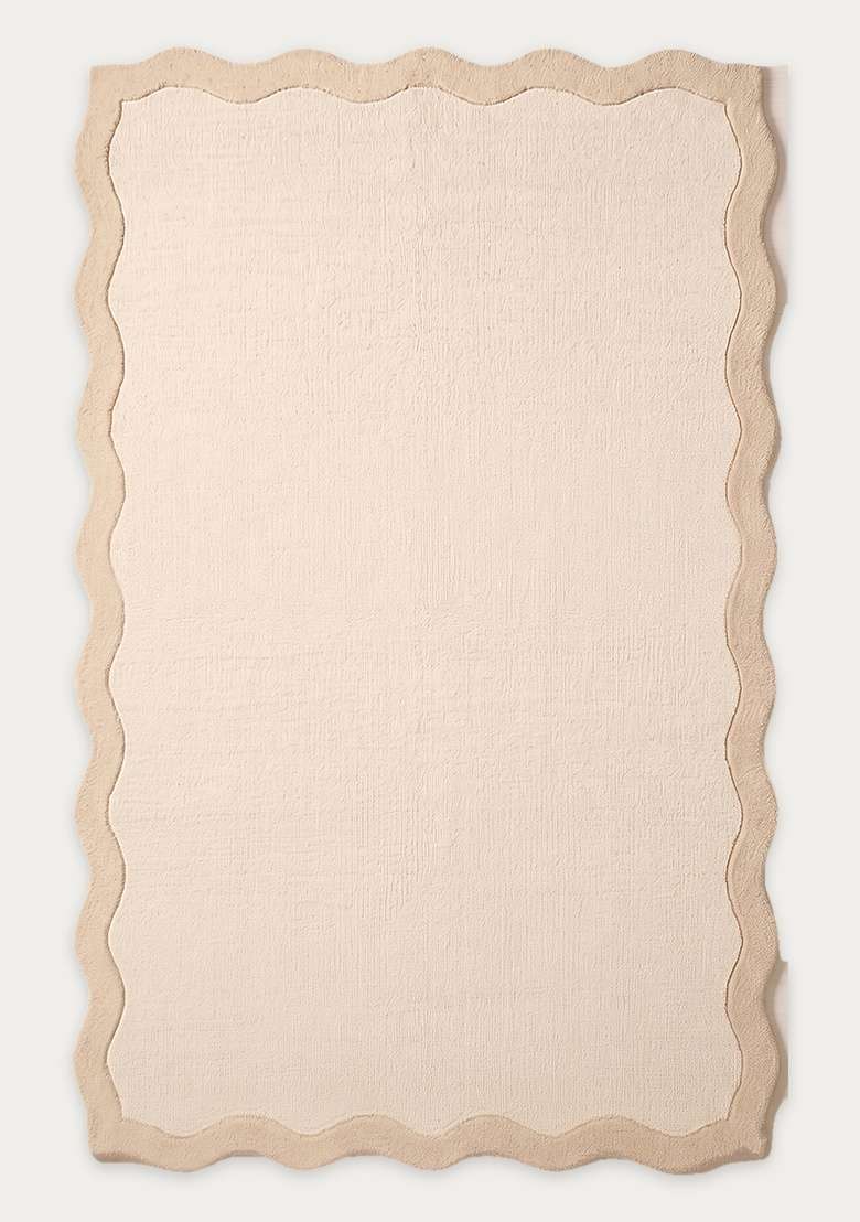 100% Wool Handmade Ivory Beige Rug | Minimalist Solid Scalloped Carpet With Cotton Backing For Living Room - Indya