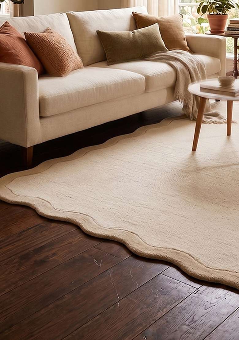 Saffron Rugs Tufted 100% Wool Area Rug | Ivory Beige Scalloped Rug | Cotton Backing | Minimalist Solid Home Decor Carpet for Living Room Bedroom - Indya