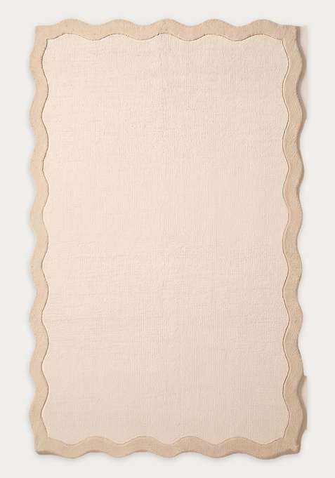 100% Wool Handmade Ivory Beige Rug | Minimalist Solid Scalloped Carpet With Cotton Backing For Living Room
