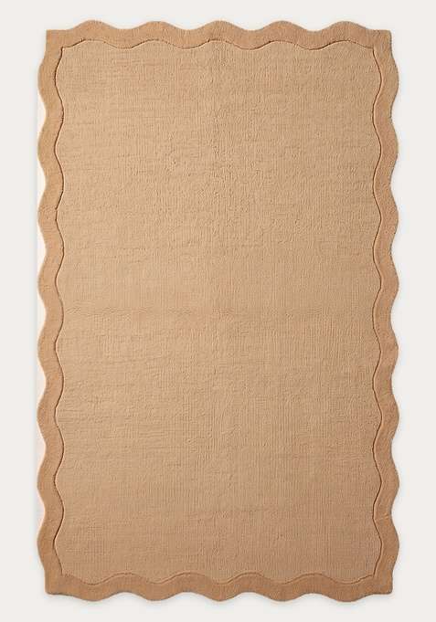 100% Wool Handmade Warm Camel Rug | Minimalist Solid Scalloped Carpet With Cotton Backing For Living Room