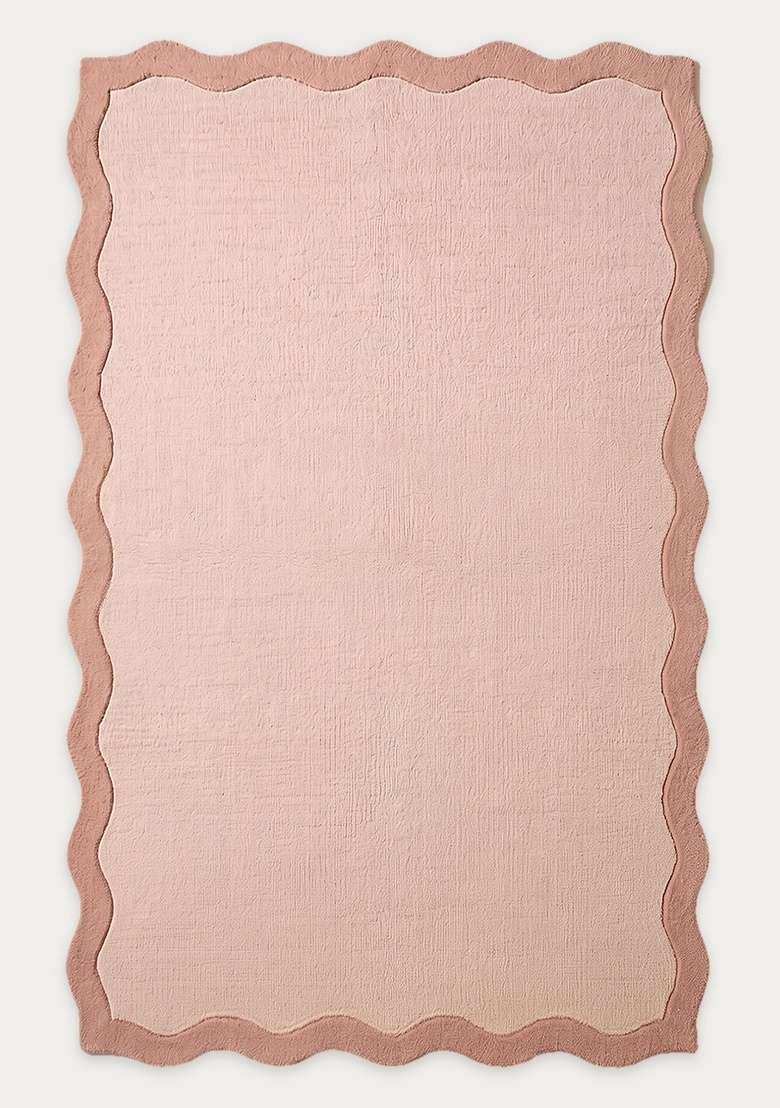 100% Wool Handmade Blush Pink Rug | Minimalist Solid Scalloped Carpet With Cotton Backing For Living Room - Indya