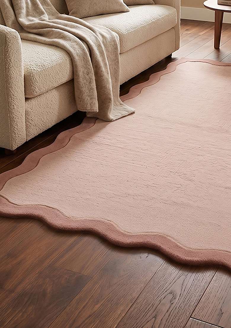 Saffron Rugs Tufted 100% Wool Area Rug | Blush Pink Scalloped Rug | Cotton Backing | Minimalist Solid Home Decor Carpet for Living Room Bedroom - Indya