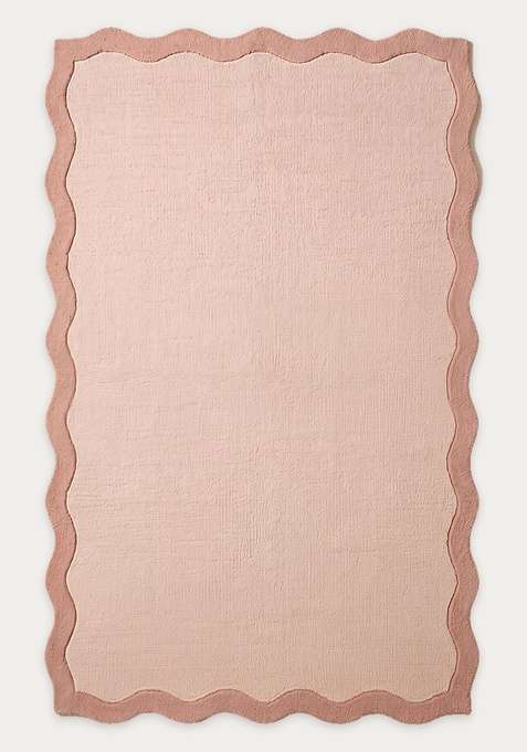 100% Wool Handmade Blush Pink Rug | Minimalist Solid Scalloped Carpet With Cotton Backing For Living Room