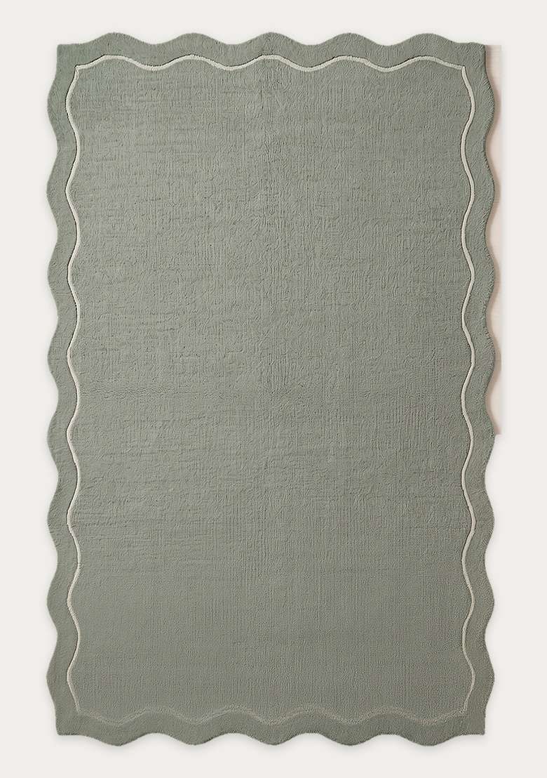 100% Wool Handmade Muted Sage Rug | Minimalist Solid Scalloped Carpet With Cotton Backing For Living Room - Indya