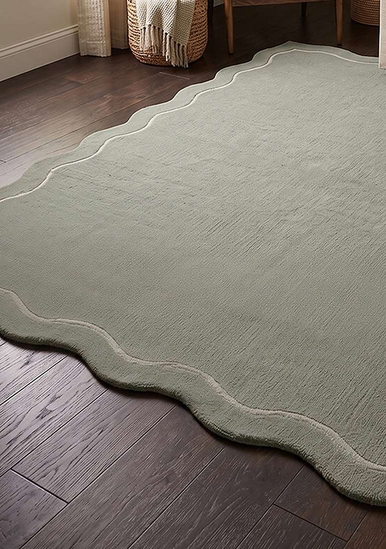 Saffron Rugs Tufted 100% Wool Area Rug | Muted Sage Scalloped Rug | Cotton Backing | Minimalist Solid Home Decor Carpet for Living Room Bedroom - Indya