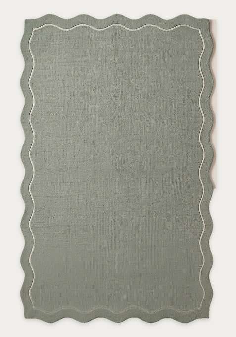 100% Wool Handmade Muted Sage Rug | Minimalist Solid Scalloped Carpet With Cotton Backing For Living Room