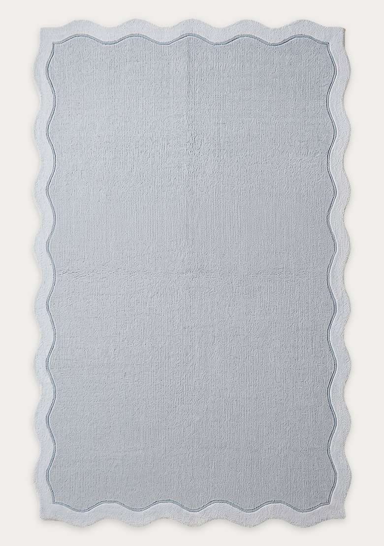 100% Wool Handmade Powder Blue Rug | Minimalist Solid Scalloped Carpet With Cotton Backing For Living Room - Indya