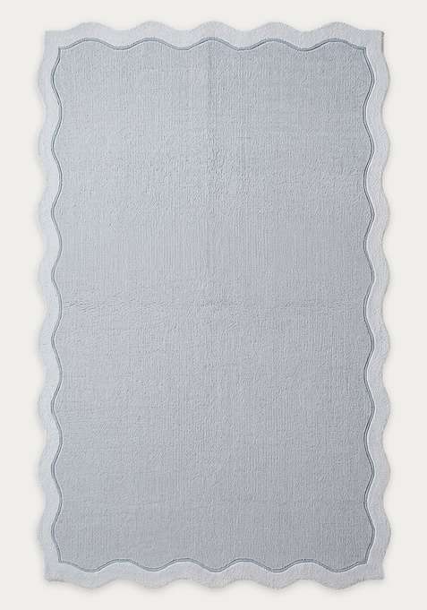 100% Wool Handmade Powder Blue Rug | Minimalist Solid Scalloped Carpet With Cotton Backing For Living Room