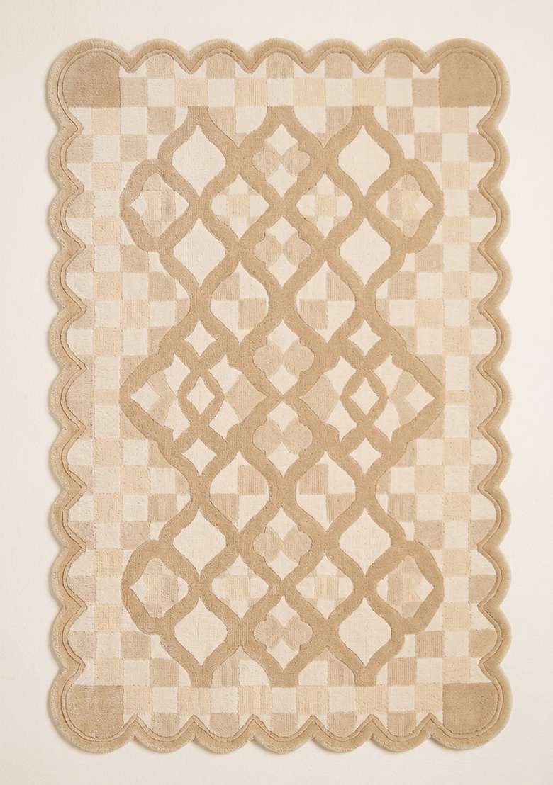 100% Wool Handmade Ivory Beige Rug | Moroccan Trellis Scalloped Carpet With Cotton Backing For Living Room - Indya