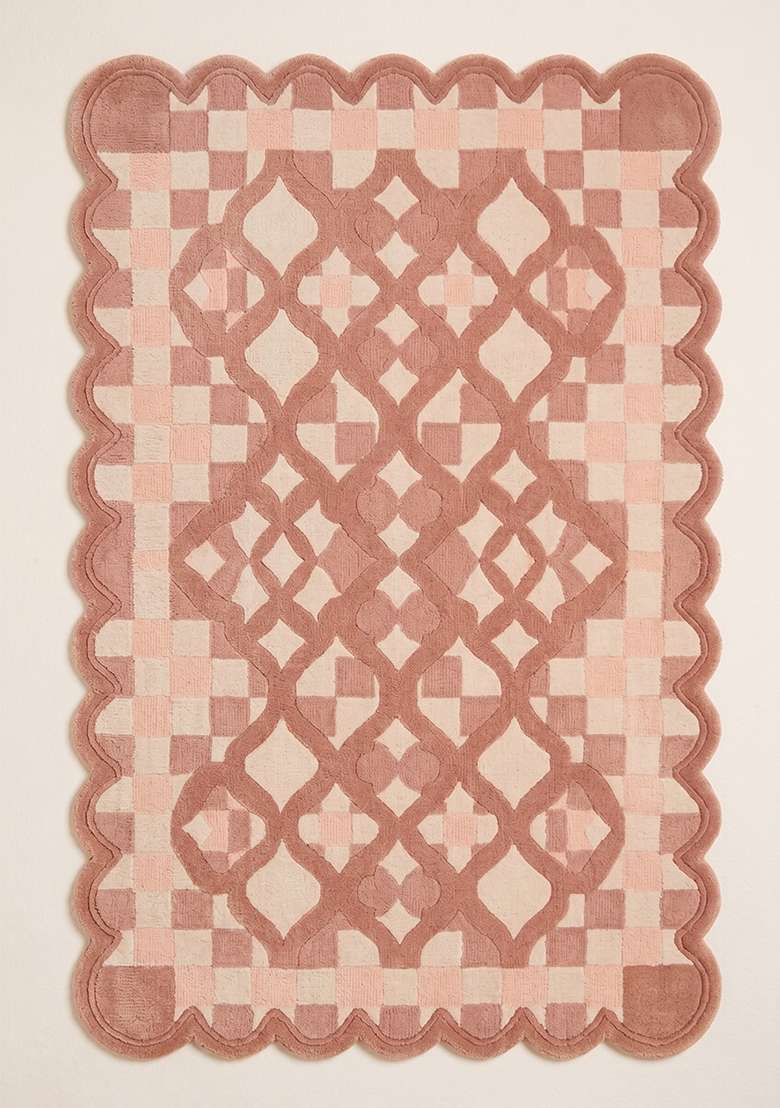 Saffron Rugs Dusty Rose Moroccan Trellis Hand Tufted Wool Scalloped Rug - Indya
