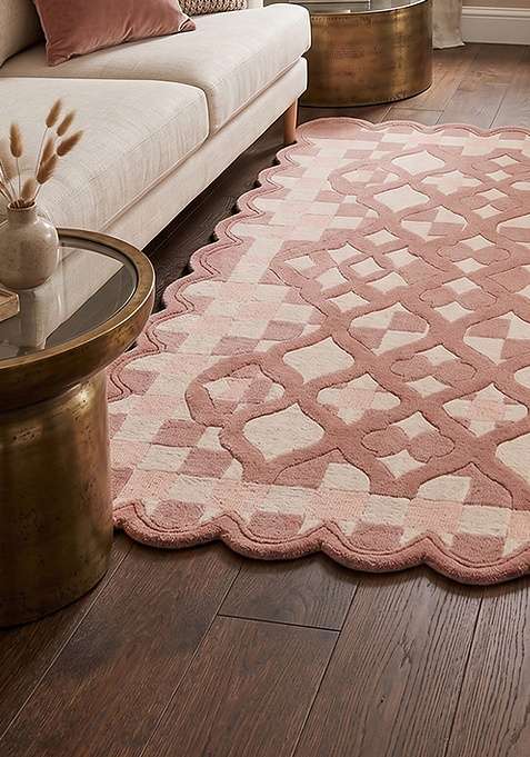 100% Wool Handmade Dusty Rose Rug | Moroccan Trellis Scalloped Carpet With Cotton Backing For Living Room