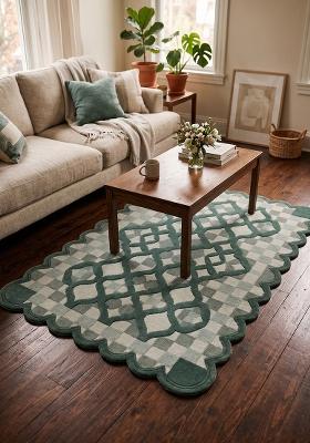 Saffron Rugs Hand Tufted Forest Green Trellis Moroccan Scalloped Wool Area Rug