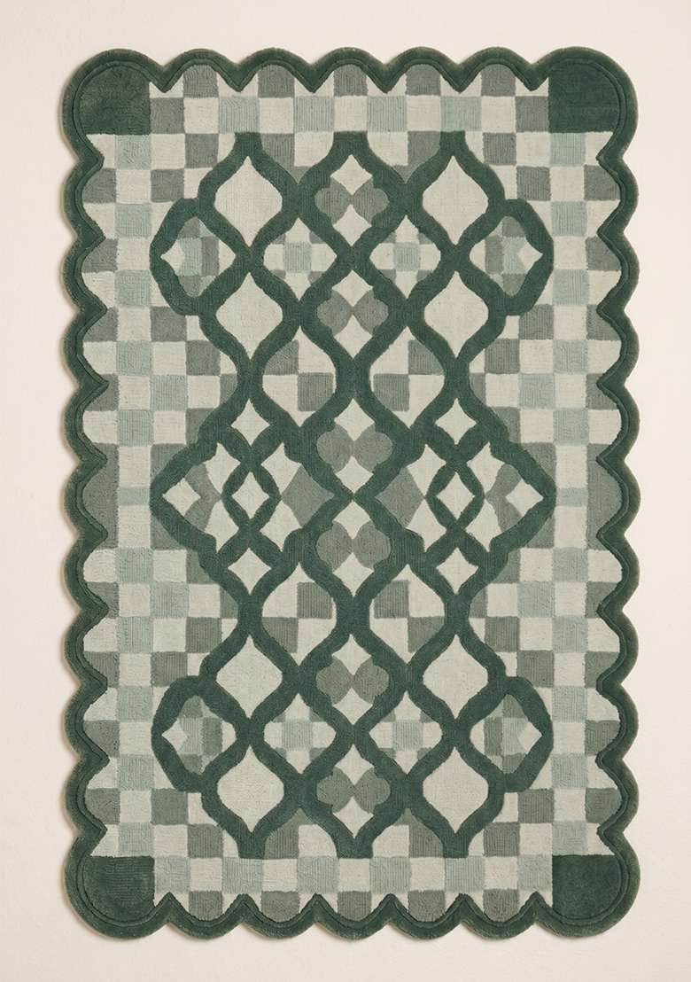 Saffron Rugs Forest Green Moroccan Trellis Hand Tufted Wool Scalloped Rug - Indya