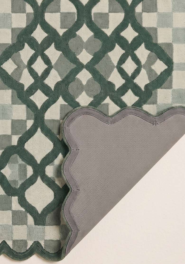 Saffron Rugs Forest Green Moroccan Trellis Hand Tufted Wool Scalloped Rug - Indya