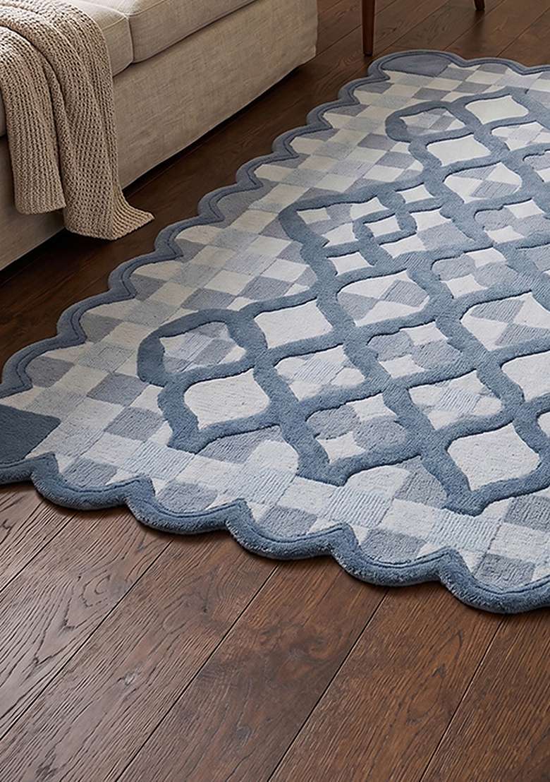 100% Wool Handmade Steel Blue Rug | Moroccan Trellis Scalloped Carpet With Cotton Backing For Living Room - Indya