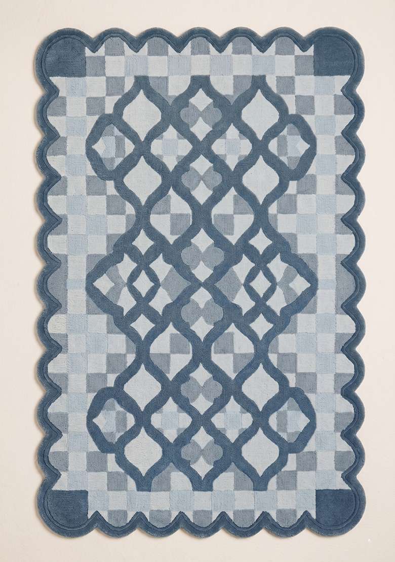 100% Wool Handmade Steel Blue Rug | Moroccan Trellis Scalloped Carpet With Cotton Backing For Living Room - Indya
