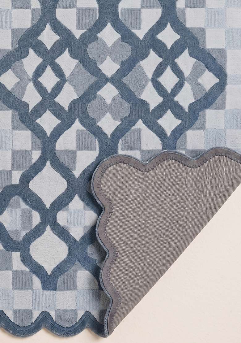100% Wool Handmade Steel Blue Rug | Moroccan Trellis Scalloped Carpet With Cotton Backing For Living Room - Indya