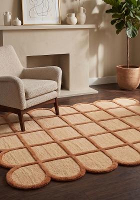 Saffron Rugs Hand Tufted Burnt Orange Trellis Mid-Century Modern Scalloped Wool Area Rug