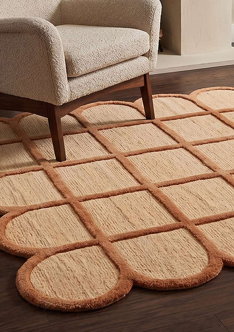 100% Wool Handmade Burnt Orange Rug | Mid Century Modern Trellis Scalloped Carpet With Cotton Backing For Living Room - Indya