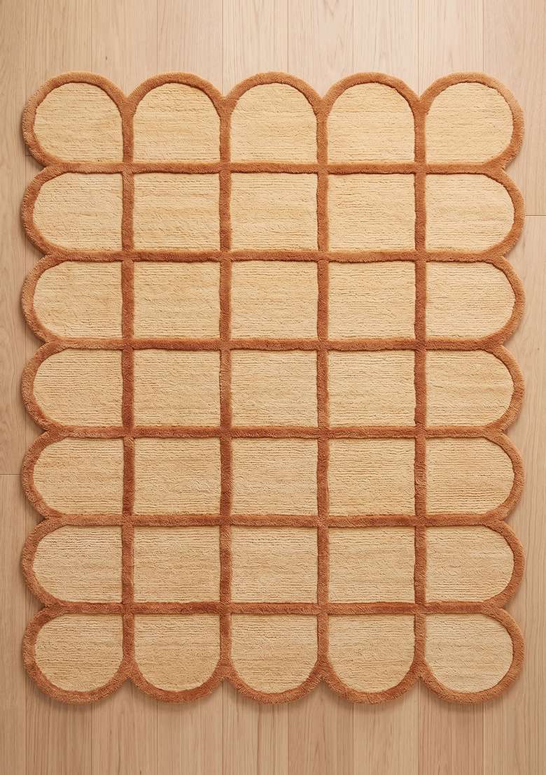 100% Wool Handmade Burnt Orange Rug | Mid Century Modern Trellis Scalloped Carpet With Cotton Backing For Living Room - Indya