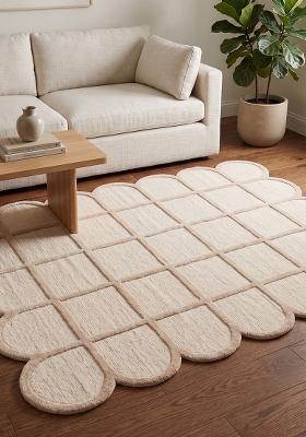Saffron Rugs Hand Tufted Ivory Beige Trellis Mid-Century Modern Scalloped Wool Area Rug