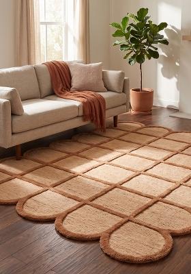 Saffron Rugs Hand Tufted Warm Camel Trellis Mid-Century Modern Scalloped Wool Area Rug
