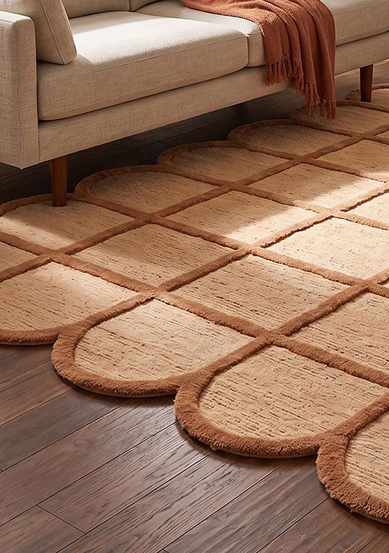 100% Wool Handmade Warm Camel Rug | Mid Century Modern Trellis Scalloped Carpet With Cotton Backing For Living Room - Indya